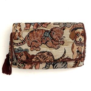 Vintage Tapestry Clutch w/ Mirror Dog & Cat Design Tassel and rope trim accents